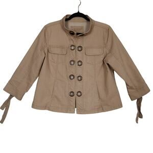 Live A Little Womens Y2K Denim Jacket Size Medium Tan Chunky Gromet Closure Tie